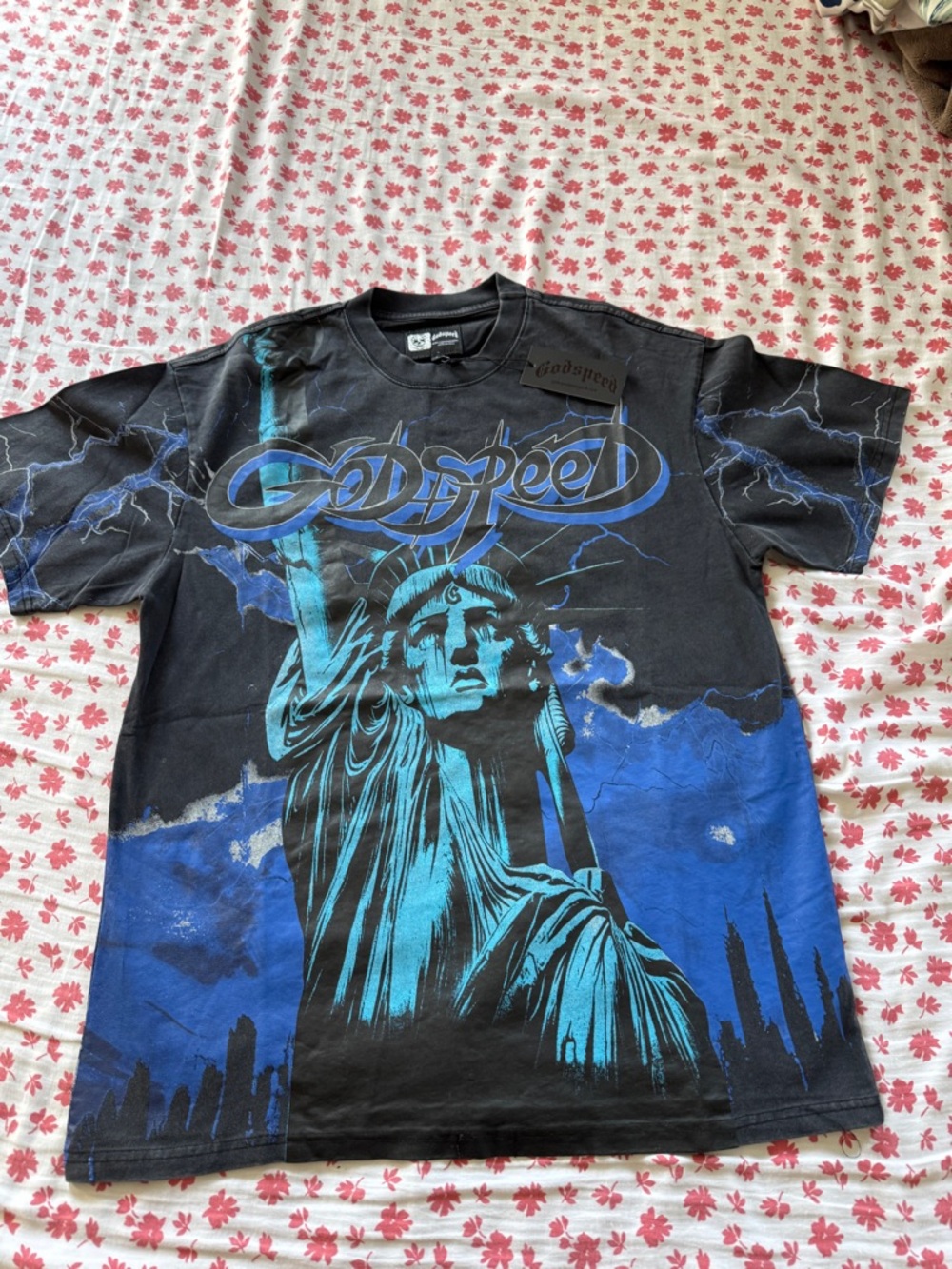 Godspeed - Blue Voltage Black & Teal Statue Graphic Tee - Men